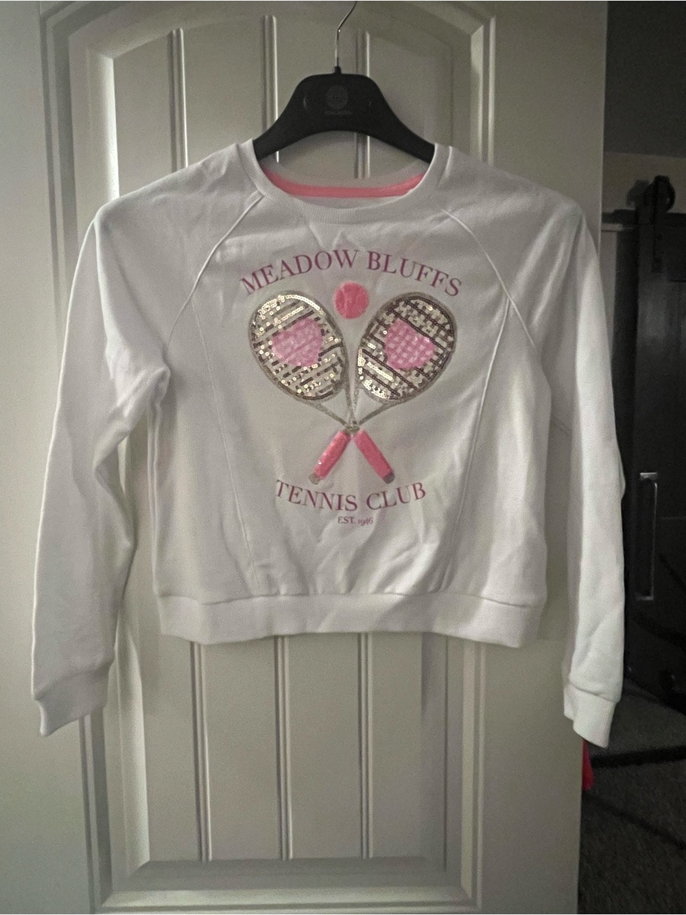 Tommy Bahama Kids White Sweatshirt with Pink Tennis Racket Graphic Bling, 7/8